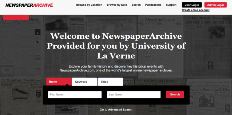 Screenshot of Newspaper Archive database